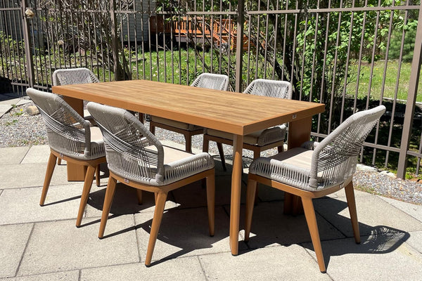 7 Pieces Patio Dining Set with Cushion and Backrest, Deep Teak | Sunbrella Color Lasts, Premium HPL Tabletop, Quick-Dry Textilene Rope, Stable Aluminum Frame, Removable Washable Seat Cover