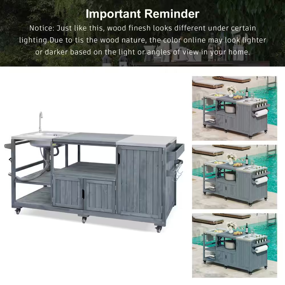 75.4" Outdoor Wood Grey Blue Kitchen Island Rolling Outdoor Bar Cart with Sink