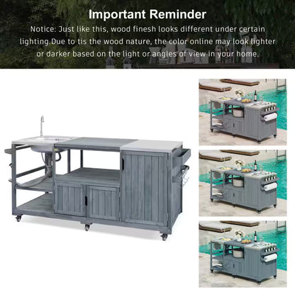 75.4" Outdoor Wood Grey Blue Kitchen Island Rolling Outdoor Bar Cart with Sink