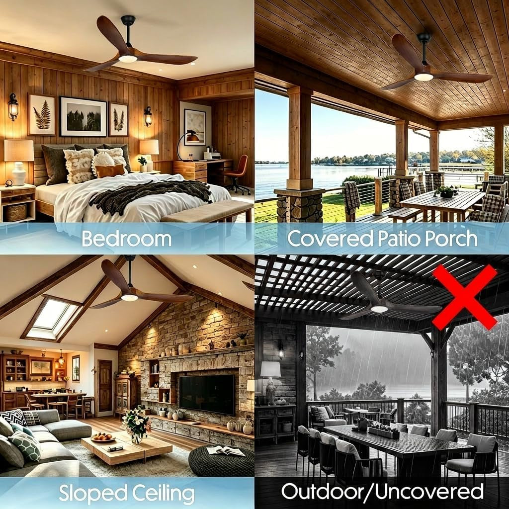 60 Inch Outdoor Ceiling Fan for Patios with Light, Farmhouse Style | 3 Blades Wood Ceiling Fan, Damp Rated Large Airflow Commercial Ceiling Fans for Exterior House Porch Gazebo