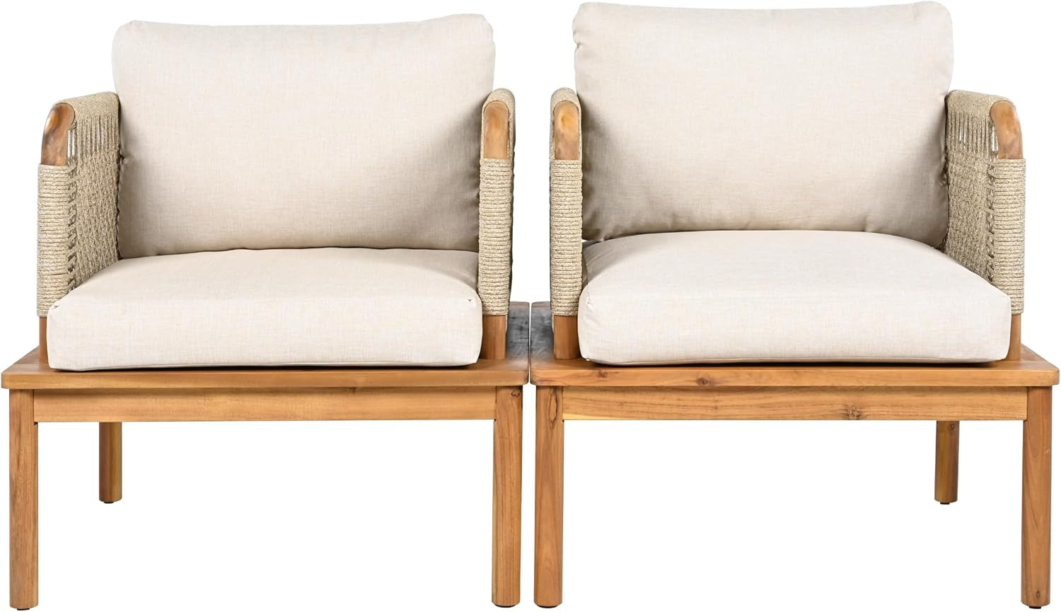 Coby 5-Piece Acacia Wood Patio Furniture Set, Outdoor Conversation Sofa Set with Club Chair, Coffee Table and Ottoman, Patio Sectional Chat Set for Backyard/Balcony, Teak+Beige