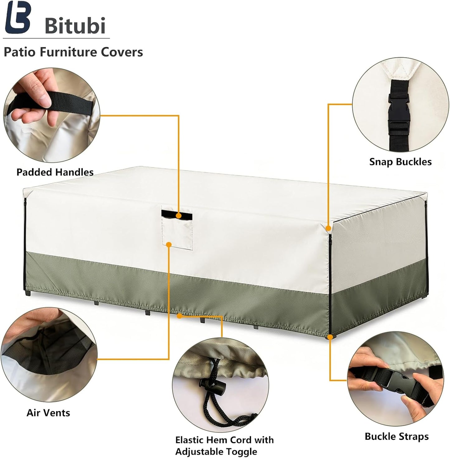 Bitubi Rectangular Patio Table Cover - Heavy Duty 600D Tough Canvas Waterproof Outdoor Dining Table and Chairs Universal Furniture Cover Size 111L X 74W X 28H Inch, Beige