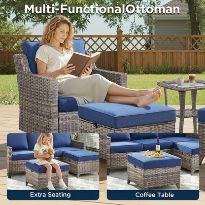 Outdoor Patio Furniture Set-5 Pieces All-Weather Wicker Outdoor Furniture with Swivel Patio Chairs Outdoor Patio Conversation Sets for Garden Porch Deck Grey/Blue