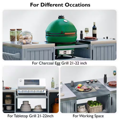 Outdoor 227 Gal. 66.5 In. Gray Blue Kitchen Island for Big Green Egg Grills with Stainless Steel Top Deck Box