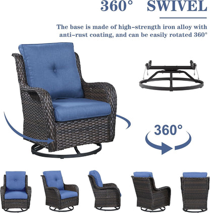 Wicker Outdoor Furniture Patio Furniture Set - 6 Piece Patio Conversation Set with Swivel Rocker Chairs, Rattan Sofa, Ottomans and Coffee Table, Blue Cushion