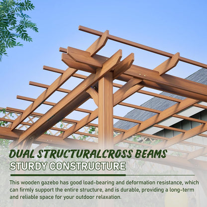 12 X 10 FT Outdoor Wood Pergola, Wooden Grape Trellis for Climbing Plant Support, Garden, Patio, Backyard, Deck, Brown