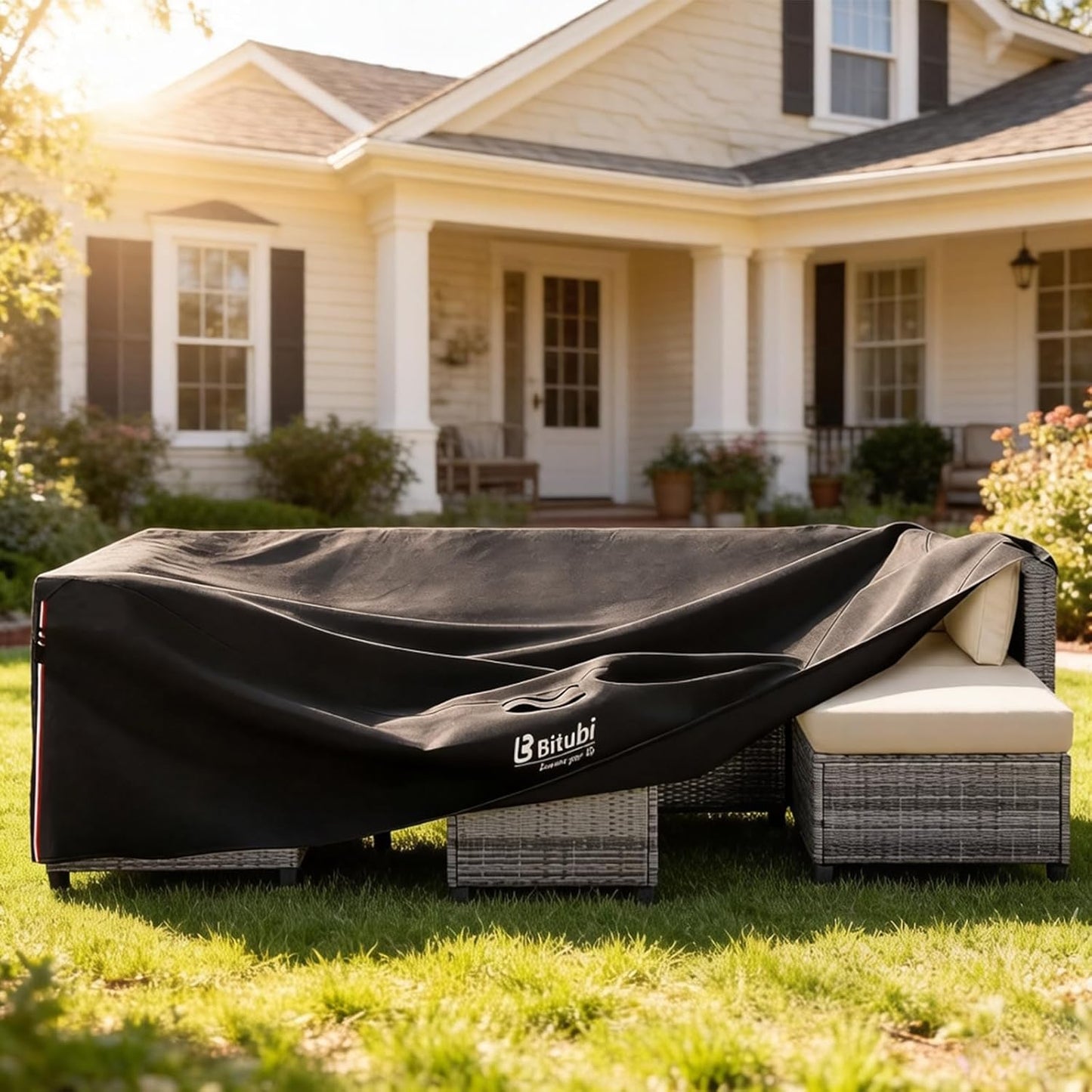 Bitubi Rectangular Patio Table Cover - Heavy Duty 600D Tough Canvas Waterproof Outdoor Dining Table and Chairs Universal Furniture Cover Size 111L X 74W X 28H Inch, Black