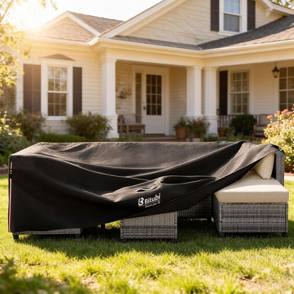 Bitubi Rectangular Patio Table Cover - Heavy Duty 600D Tough Canvas Waterproof Outdoor Dining Table and Chairs Universal Furniture Cover Size 111L X 74W X 28H Inch, Black