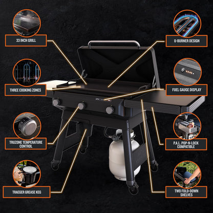 Traeger Grills Flatrock, 33 Inch Flat Top Griddle, Outdoor Gas Grill with 3-Zone Truzone Cooking, Even Heat, Fuel Sensor, and Ez-Clean Grease Management, Premium Propane Griddle for Outdoor Cooking